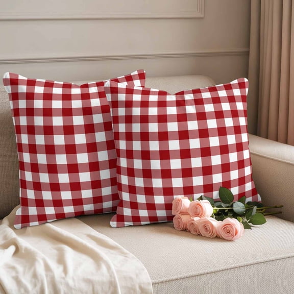 Outdoor Waterproof Pillow Covers Farmhsoue Christmas Red White Buffalo Check Throw Cushion Case, Rural Style Pillowcase for Bed, Sofa, Couch, Patio Furniture, 18x18in, 2Pack Decorative Pillows