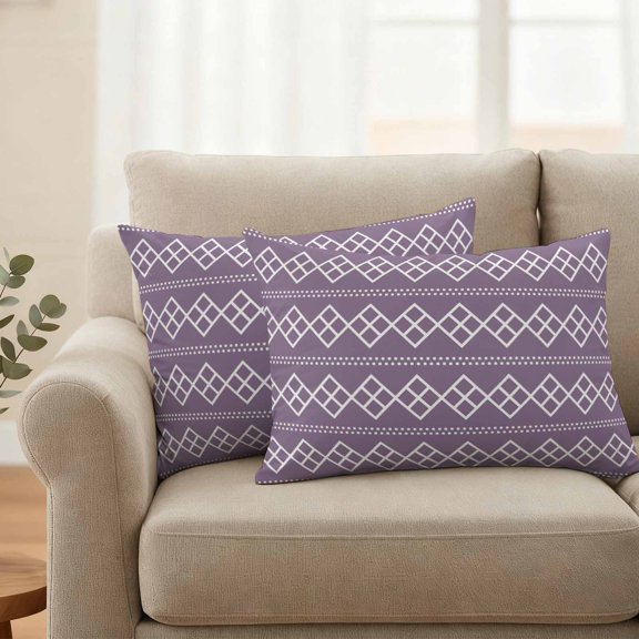 Outdoor Waterproof Pillow Covers Geometric White Purple Square Dot Throw Cushion Case, Modern Abstract Check Texture Pillowcase for Bed, Sofa, Couch, Patio, 20x12in, 2Pack Decorative Pillows