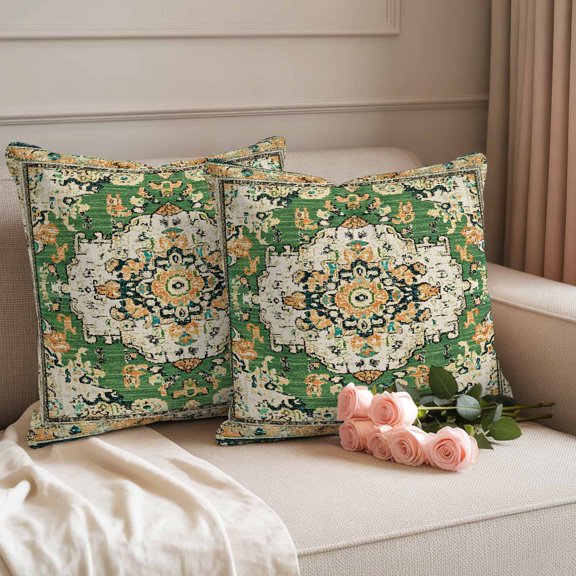 Outdoor Waterproof Pillow Covers Green Bohemian Ethnic Western Throw Cushion Case, Vintage Native Tribal Pillowcase for Bed, Sofa, Couch, Patio Furniture, 18x18in, 2Pack Decorative Pillows