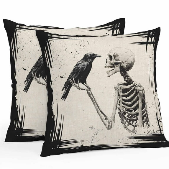 Outdoor Waterproof Pillow Covers Watercolor Halloween Crow Decorative Throw Pillow Protectors,Country Animal on Orange Pillowcase Cushion Cases for Patio Sofa Garden Couch,18x18in,Pack of 2