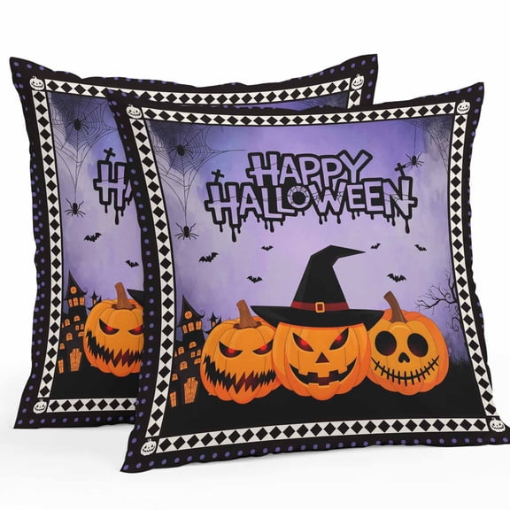 Outdoor Waterproof Pillow Covers Halloween Pumpkin Ghost Face Witch Hat Crow Decorative Throw Pillow Protectors,Spiders Web Purple Mist Pillowcase Cushion Cases for Patio Sofa Garden,18x18in,2 Pack