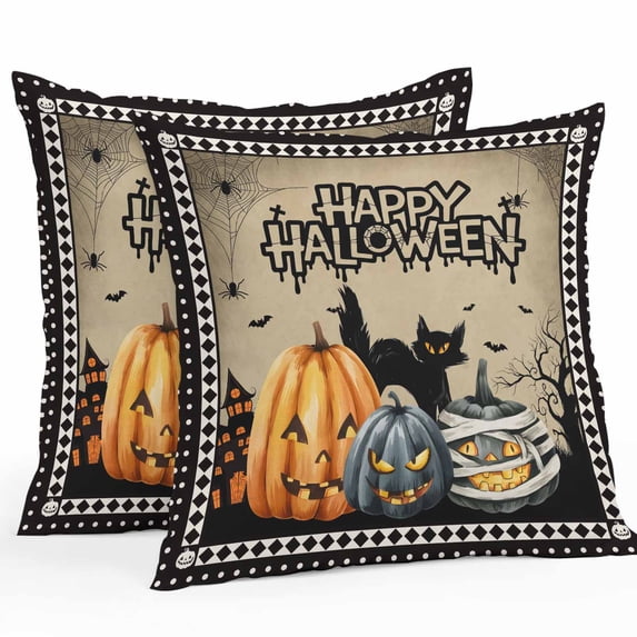 Outdoor Waterproof Pillow Covers Halloween Pumpkin Haunted House Decorative Throw Pillow Protectors,Black Cat Spiders Web Black Lattice Pillowcase Cushion Cases for Patio Sofa Garden,20x20in,2 Pack