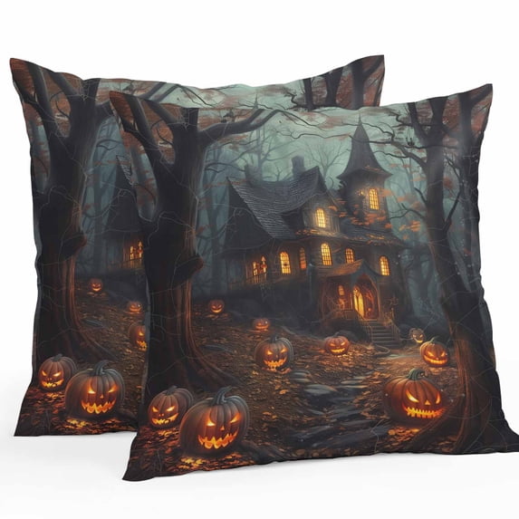 Outdoor Waterproof Pillow Covers Halloween Scary Haunted Castle Horror Pumpkin Decorative Throw Pillow Protectors,Spooky Night Forest Pillowcase Cushion Cases for Patio Sofa Garden,24x24in,2 Pack