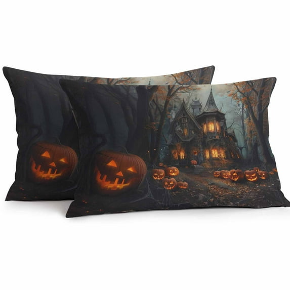 Outdoor Waterproof Pillow Covers Halloween Horror Pumpkin Ghost Face Decorative Throw Pillow Protectors,Spiders Web on Orange Pillowcase Cushion Cases for Patio Sofa Garden Couch,20x20in,Pack of 2