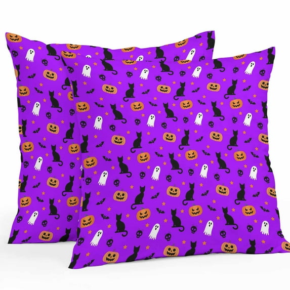 Outdoor Waterproof Pillow Covers Halloween Seamless Cat Pumpkin Ghost Decorative Throw Pillow Protectors,Scary Skull Purple Pillowcase Cushion Cases for Patio Sofa Garden Couch,24x24in,Pack of 2