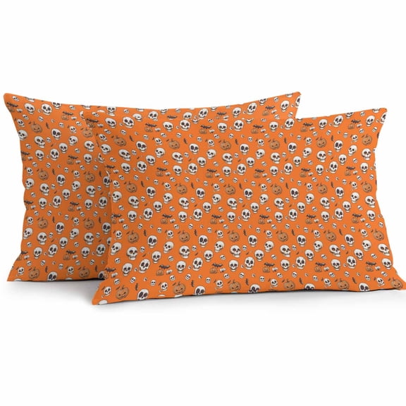Outdoor Waterproof Pillow Covers Halloween Skeleton Pumpkin on Orange Decorative Throw Pillow Protectors,Black Bat Seamless Pillowcase Cushion Cases for Patio Sofa Garden Couch,20x12in,Pack of 2