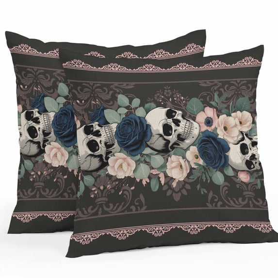 Outdoor Waterproof Pillow Covers Halloween Spooky Skull Rose Flower Decorative Throw Pillow Protectors,Eucalyptus Leaf on Black Pillowcase Cushion Cases for Patio Sofa Garden Couch,26x26in,Pack of 2