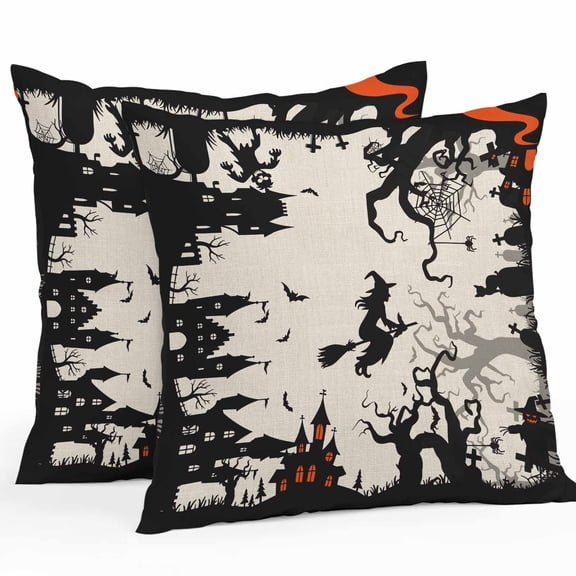 Outdoor Waterproof Pillow Covers Horror Halloween Witch Dead Trees Decorative Throw Pillow Protectors,Haunted House Retro Linen Pillowcase Cushion Cases for Patio Sofa Garden Couch,16x16in,Pack of 2