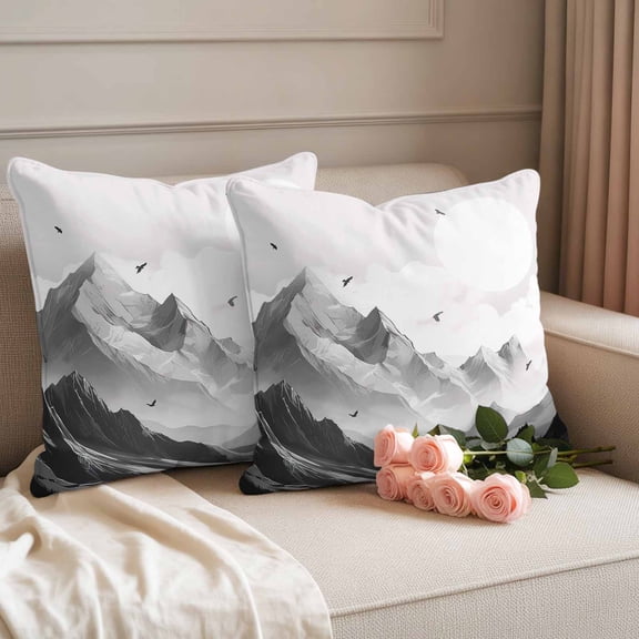 Outdoor Waterproof Pillow Covers Monochrome Mountain Landscape Throw Cushion Case， Hill Eagle Sun and Cloud Pillowcase for Bed, Sofa, Couch, Patio Furniture, 16x16in, 2Pack Decorative Pillows
