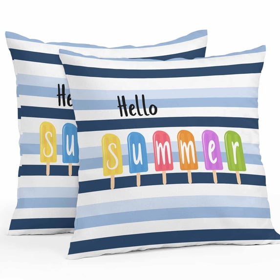 Outdoor Waterproof Pillow Covers Pack of 2, Hello Summer Colorful Ice Cream Watercolor Stripes Decorative Throw Pillowcases Cushion Covers for Garden Patio Tent Sofa Couch, 18x18 inch