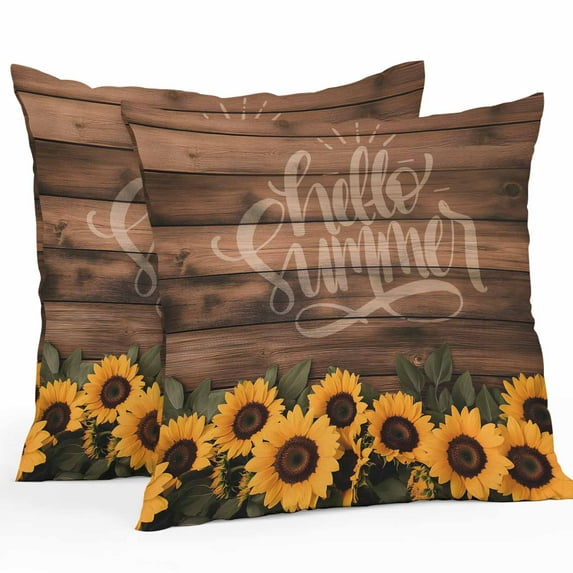 Outdoor Waterproof Pillow Covers Pack of 2, Hello Summer Vintage Sunflower Flowers Wood Grain Decorative Throw Pillowcases Cushion Covers for Garden Patio Tent Sofa Couch, 18x18 inch
