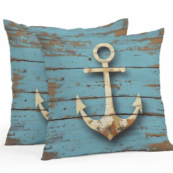 Outdoor Waterproof Pillow Covers Pack of 2, Marine Life Nautical Vintage Anchor Tear Wood Grain Decorative Throw Pillowcases Cushion Covers for Garden Patio Tent Sofa Couch, 16x16 inch