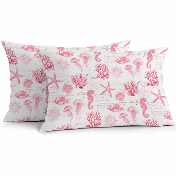 Outdoor Waterproof Pillow Covers Pack of 2, Seahorse Coral Shell Starfish Ocean Pink Retro Decorative Throw Pillowcases Cushion Covers for Garden Patio Tent Sofa Couch, 20x12 inch