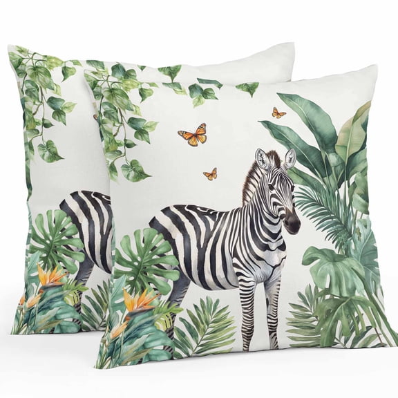 Outdoor Waterproof Pillow Covers Pack of 2, Summer Animal Watercolor Black Zebra Palm Leaf Texture Decorative Throw Pillowcases Cushion Covers for Garden Patio Tent Sofa Couch, 18x18 inch