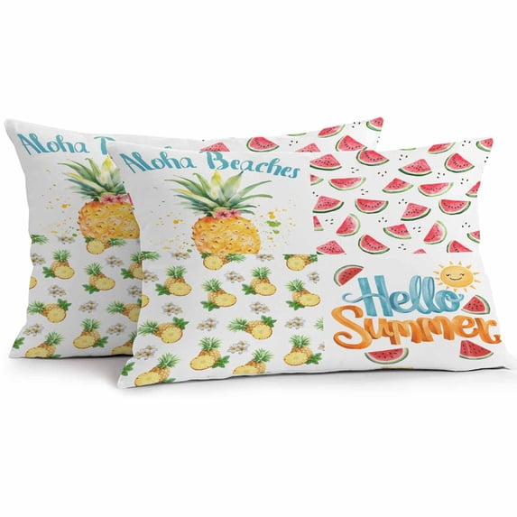 Outdoor Waterproof Pillow Covers Pack of 2, Summer Fruit Pineapple Watermelon Watercolor Flower Fruit Decorative Throw Pillowcases Cushion Covers for Garden Patio Tent Sofa Couch, 20x12 inch