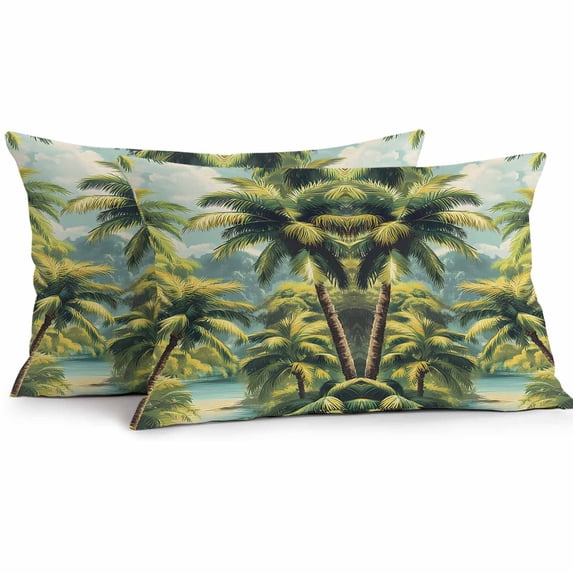 Outdoor Waterproof Pillow Covers Pack of 2, Summer Green Forest Vintage Watercolor Palm Trees Decorative Throw Pillowcases Cushion Covers for Garden Patio Tent Sofa Couch, 20x12 inch