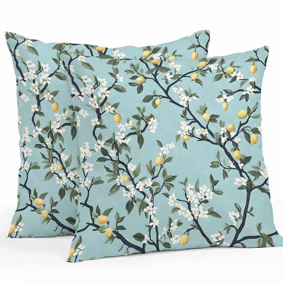 Outdoor Waterproof Pillow Covers Pack of 2, Summer Lemon Vintage White Floral Trees Decorative Throw Pillowcases Cushion Covers for Garden Patio Tent Sofa Couch, 26x26 inch