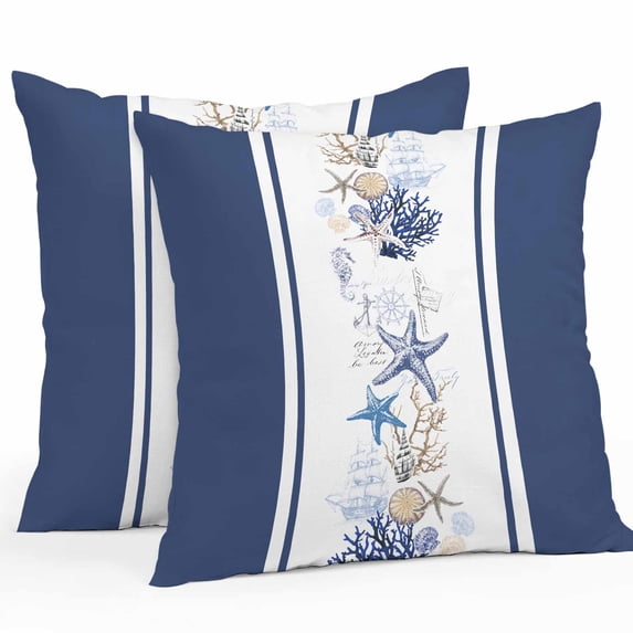 Outdoor Waterproof Pillow Covers Pack of 2, Summer Ocean Life Blue Shell Coral Starfish Striped Decorative Throw Pillowcases Cushion Covers for Garden Patio Tent Sofa Couch, 20x20 inch