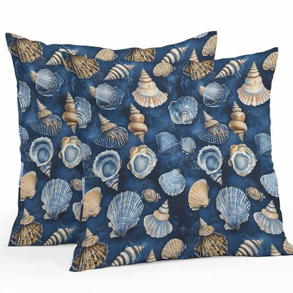 Outdoor Waterproof Pillow Covers Pack of 2, Summer Ocean Modern Blue Brown Shell Conch Nautilus Decorative Throw Pillowcases Cushion Covers for Garden Patio Tent Sofa Couch, 26x26 inch
