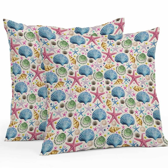Outdoor Waterproof Pillow Covers Pack of 2, Summer Ocean Shell Starfish Conch Linen Background Decorative Throw Pillowcases Cushion Covers for Garden Patio Tent Sofa Couch, 18x18 inch