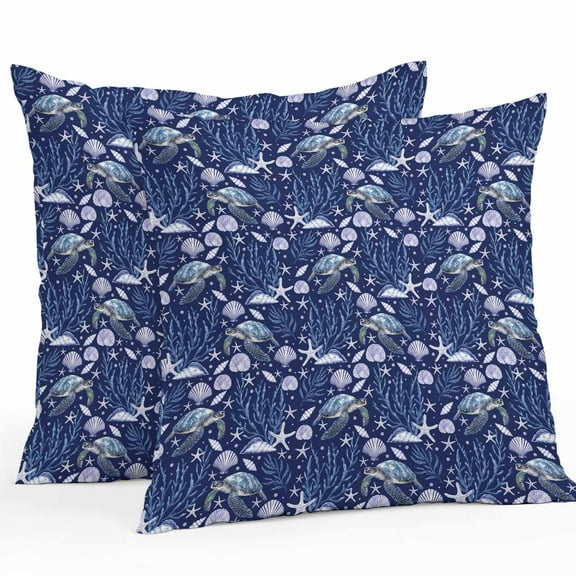 Outdoor Waterproof Pillow Covers Pack of 2, Summer Ocean Turtle Starfish Coral Shell Blue Background Decorative Throw Pillowcases Cushion Covers for Garden Patio Tent Sofa Couch, 16x16 inch