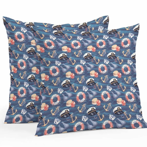 Outdoor Waterproof Pillow Covers Pack of 2, Summer Ocean Watercolor Blue Anchor Navy Cap Decorative Throw Pillowcases Cushion Covers for Garden Patio Tent Sofa Couch, 20x20 inch