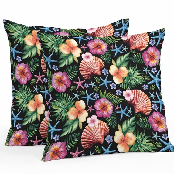 Outdoor Waterproof Pillow Covers Pack of 2, Summer Shells Starfish Tropical Flowers Black Background Decorative Throw Pillowcases Cushion Covers for Garden Patio Tent Sofa Couch, 24x24 inch