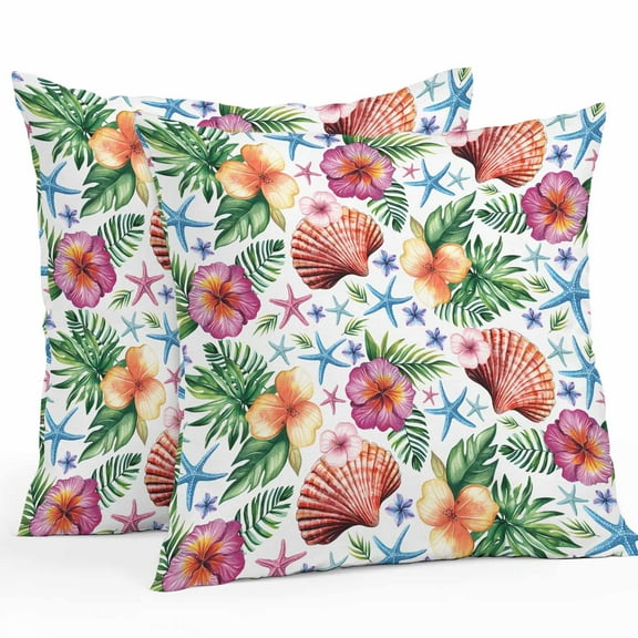 Outdoor Waterproof Pillow Covers Pack of 2, Summer Tropical Flowers Shells Starfish White Background Decorative Throw Pillowcases Cushion Covers for Garden Patio Tent Sofa Couch, 16x16 inch