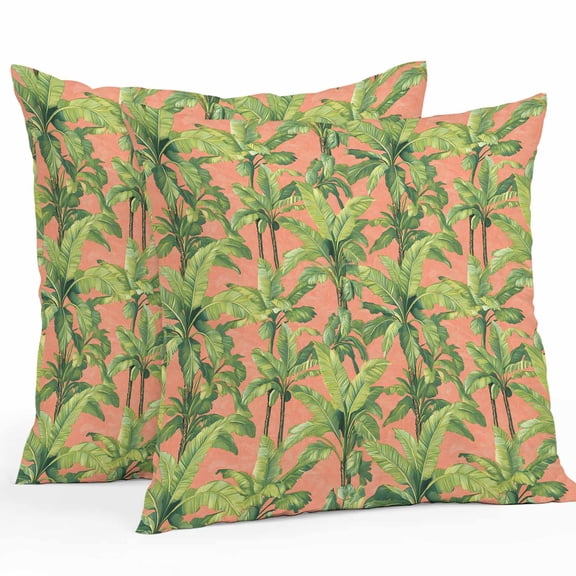 Outdoor Waterproof Pillow Covers Pack of 2, Summer Tropical Plant Watercolor Style Green Tree Decorative Throw Pillowcases Cushion Covers for Garden Patio Tent Sofa Couch, 16x16 inch