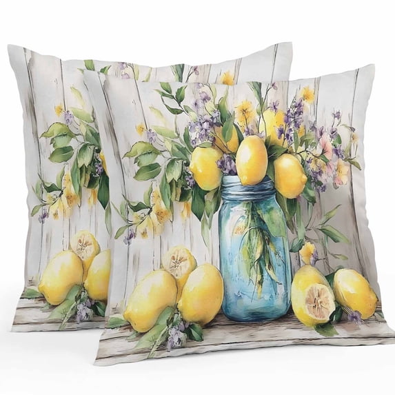 Outdoor Waterproof Pillow Covers Pack of 2, Summer Watercolor Lemon Green Leaf Bottle Retro Wood Grain Decorative Throw Pillowcases Cushion Covers for Garden Patio Tent Sofa Couch, 26x26 inch