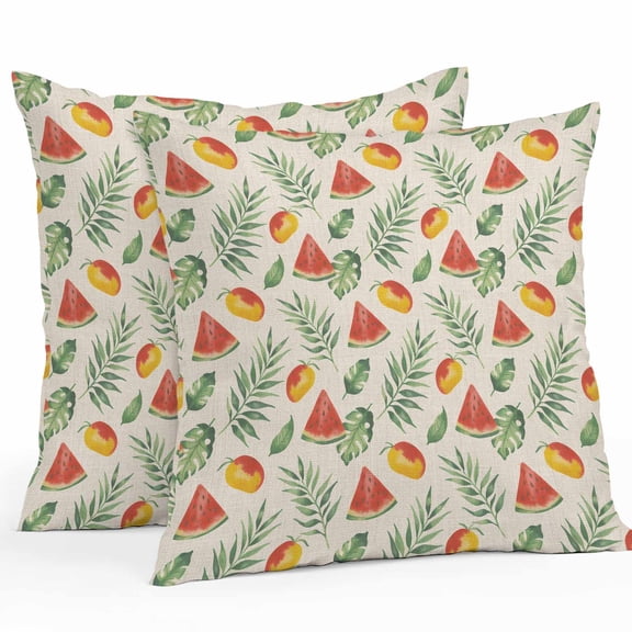Outdoor Waterproof Pillow Covers Pack of 2, Summer Watermelon Mango Green Leaf Linen Texture Decorative Throw Pillowcases Cushion Covers for Garden Patio Tent Sofa Couch, 20x20 inch