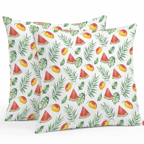 Outdoor Waterproof Pillow Covers Pack of 2, Summer Watermelon Mango Tropical Plants Green Leaf Decorative Throw Pillowcases Cushion Covers for Garden Patio Tent Sofa Couch, 18x18 inch