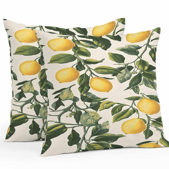 Outdoor Waterproof Pillow Covers Pack of 2, Summer Yellow Lemon Modern Green Leaf Plant Decorative Throw Pillowcases Cushion Covers for Garden Patio Tent Sofa Couch, 26x26 inch