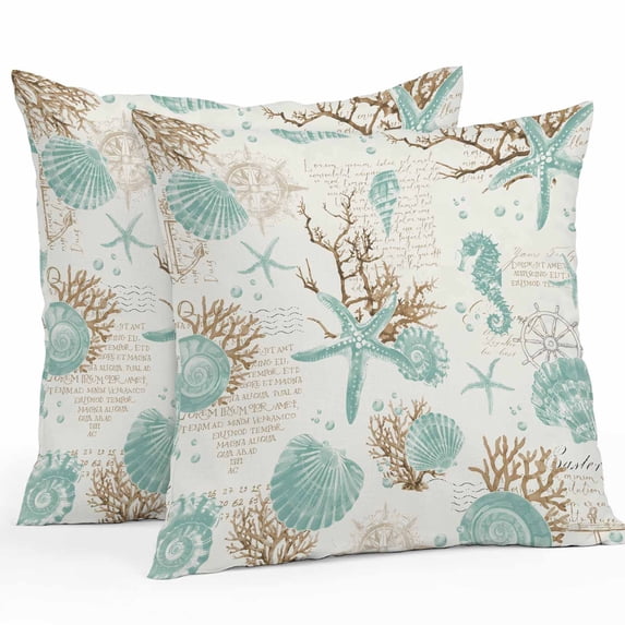 Outdoor Waterproof Pillow Covers Pack of 2, Teal Coastal Starfish Shell Coral Seahorse Ocean Vintage Decorative Throw Pillowcases Cushion Covers for Garden Patio Tent Sofa Couch, 18x18 inch