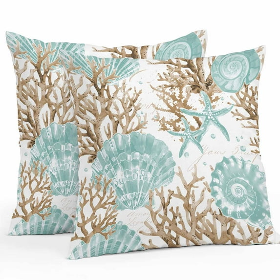 Outdoor Waterproof Pillow Covers Pack of 2, Teal Starfish Shell Brown Watercolor Coral Summer Coastal Decorative Throw Pillowcases Cushion Covers for Garden Patio Tent Sofa Couch, 24x24 inch