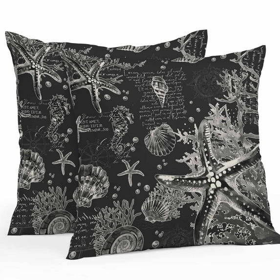 Outdoor Waterproof Pillow Covers Pack of 2, Vintage Starfish Coral Seahorse Shell Ocean Black Decorative Throw Pillowcases Cushion Covers for Garden Patio Tent Sofa Couch, 20x20 inch