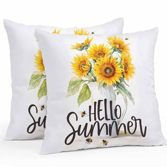Outdoor Waterproof Pillow Covers Pack of 2, Vintage Sunflower Hello Summer Bee Yellow Floral Decorative Throw Pillowcases Cushion Covers for Garden Patio Tent Sofa Couch, 18x18 inch