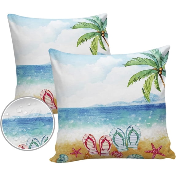 Outdoor Waterproof Pillow Covers for Patio Furniture Flip Flops Summer Beach Decorative Throw Pillow Cover Starfish Coco Tree Pillowcases Set of 2 Cushion Case for Sofa Couch Chair Home 18x18 inch