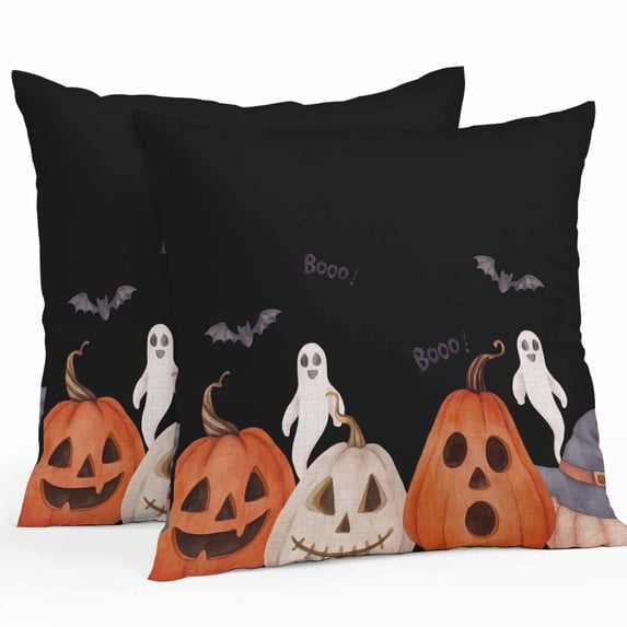 Outdoor Waterproof Pillow Covers Pumpkin Ghost Face Halloween Decorative Throw Pillow Protectors,Scary Ghost Bat on Black Pillowcase Cushion Cases for Patio Sofa Garden Couch,20x20in,Pack of 2