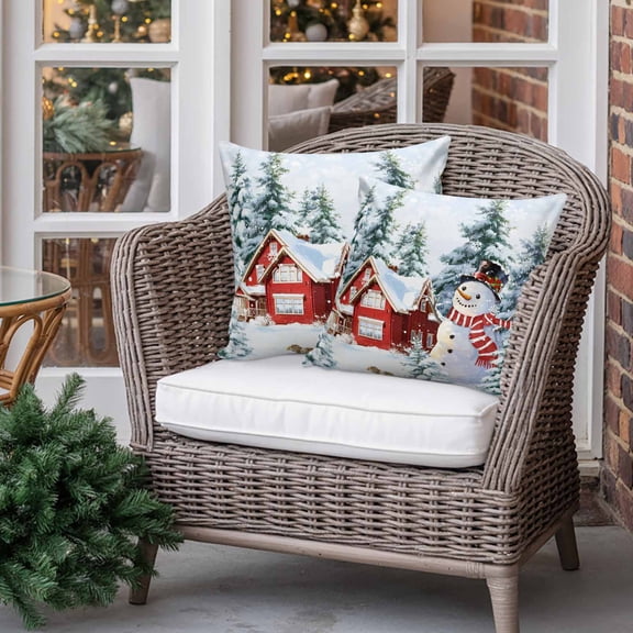 Outdoor Waterproof Pillow Covers Red Farmhouse Snowman Throw Cushion Case，Winter Christmas Tree Squirrel Pillowcase for Bed,Sofa,Couch, Patio Furniture, 18x18 in, 2Pack Decorative Pillows