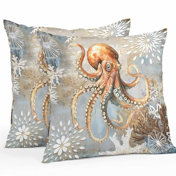 Outdoor Waterproof Pillow Covers Retro Brown Ocean Octopus Decorative Throw Pillow Protectors for Patio Sofa Garden Couch,24x24in 2 Pack