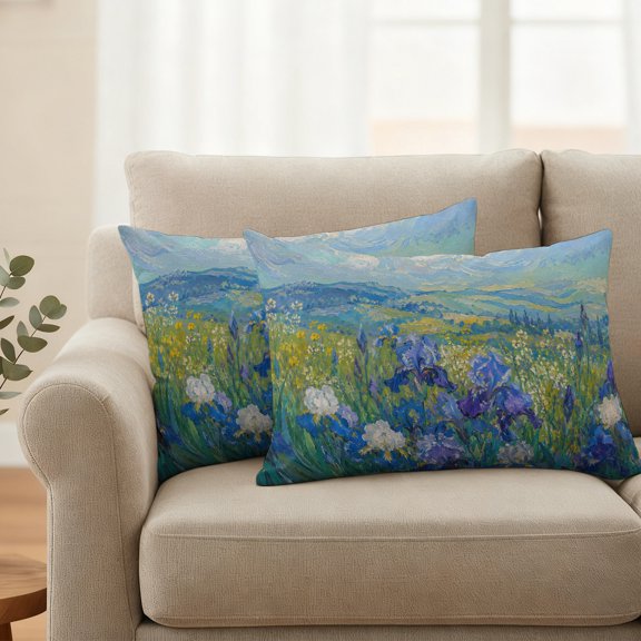 Outdoor Waterproof Pillow Covers Rustic Floral Blossom Irises Decorative Throw Pillow Protectors,Country Field Oil Painting Art Pillowcase Cushion Cases for Patio Sofa Garden Couch,20x12in,Pack of 2