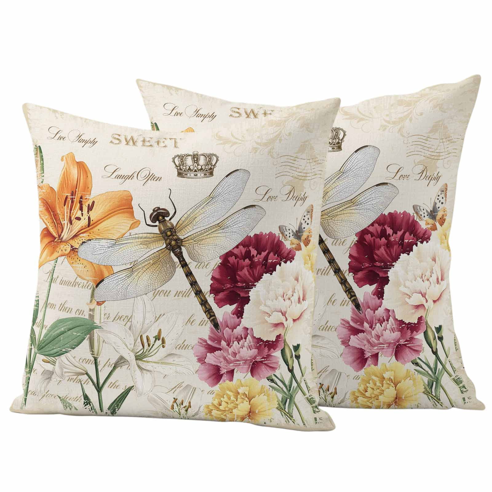 Outdoor Waterproof Pillow Covers Spring Blossom Flower Dragonfly Decorative Throw Pillow Protectors,Pillowcase Cushion Cases for Patio Sofa Garden Couch,16x16in,Pack of 2