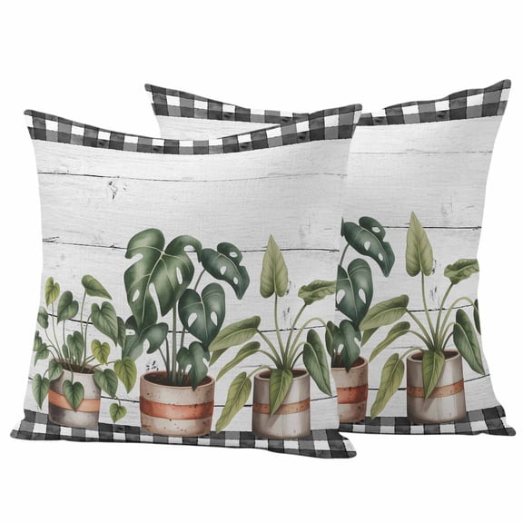 Outdoor Waterproof Pillow Covers Spring Green Leaves Pots on Wood Grain Decorative Throw Pillow Protectors,Pillowcase Cushion Cases for Patio Sofa Garden Couch,16x16in,Pack of 2