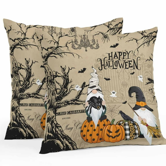 Outdoor Waterproof Pillow Covers Vintage Halloween Gnome Pumpkin Decorative Throw Pillow Protectors,Ghost Bat on Linen Pillowcase Cushion Cases for Patio Sofa Garden Couch,18x18in,Pack of 2