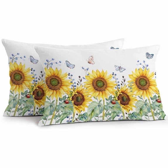 Outdoor Waterproof Pillow Covers Watercolor Sunflower Butterfly Greenery Decorative Throw Pillow Protectors for Sofa Couch,20x12in 2 Pack