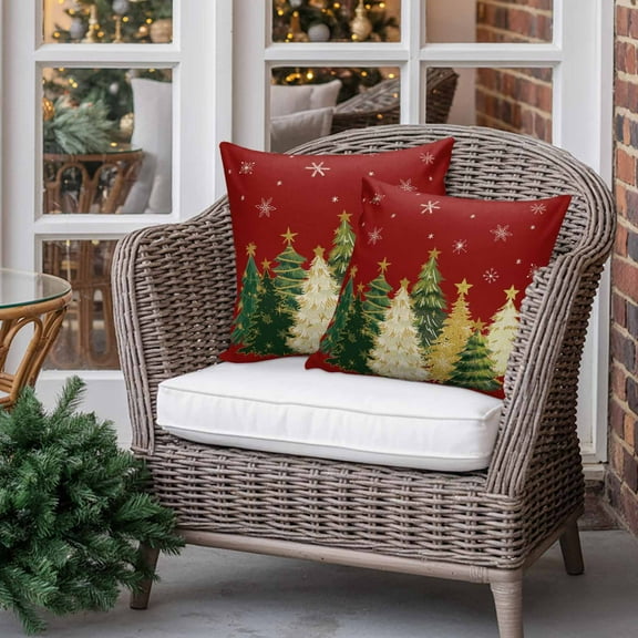 Outdoor Waterproof Pillow Covers Winter Christmas Tree Watercolor Throw Cushion Case，Abstract Snowflakes On red Pillowcase for Bed,Sofa,Couch, Patio Furniture, 18x18 in, 2Pack Decorative Pillows