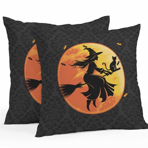 Outdoor Waterproof Pillow Covers Witch Broom Halloween Night Moon Decorative Throw Pillow Protectors,Pumpkin Bat Black Damask Flower Pillowcase Cushion Cases for Patio Sofa Garden,20x20in,2 Pack