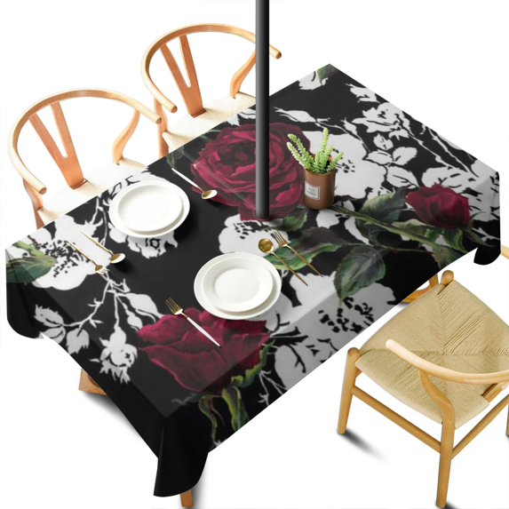 Outdoor Waterproof Pioneer Tablecloth with Umbrella Hole and Zipper, Bloom Red and White Rose Rectangle Reusable Durable Decor Table Cover for Party Picnic Patio 60×102 Inch