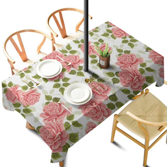 Outdoor Waterproof Pioneer Tablecloth with Umbrella Hole and Zipper, Pink Rose with Green Leaf Rectangle Reusable Durable Decor Table Cover for Party Picnic Patio 60×102 Inch